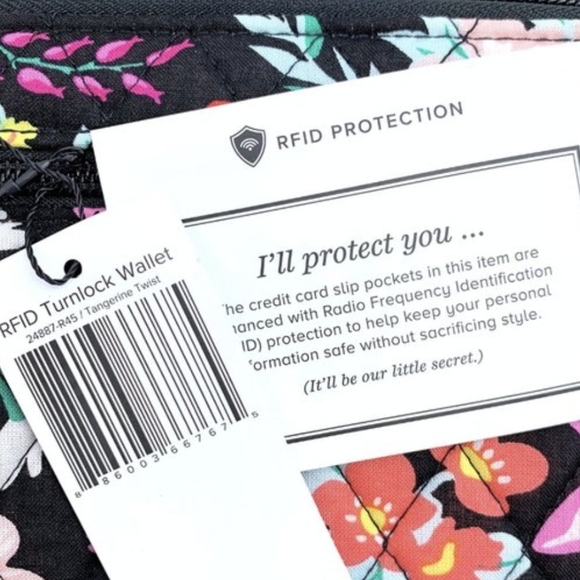 Vera Bradley RFID Turn Lock Wallet in TANGERINE‎ TWIST Black Floral New - Picture 5 of 9